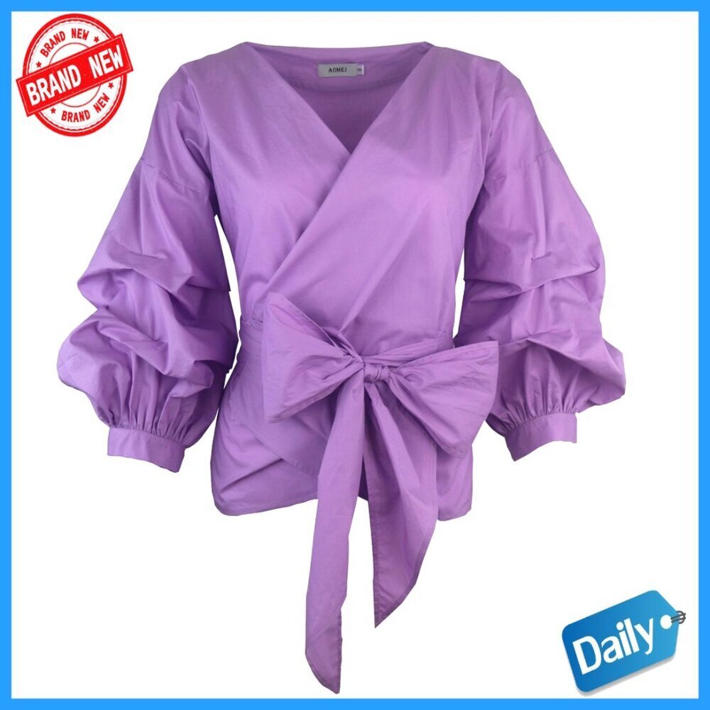 Puff Sleeve Blouse with Side Slits, Cotton Spandex, Casual Office Wear